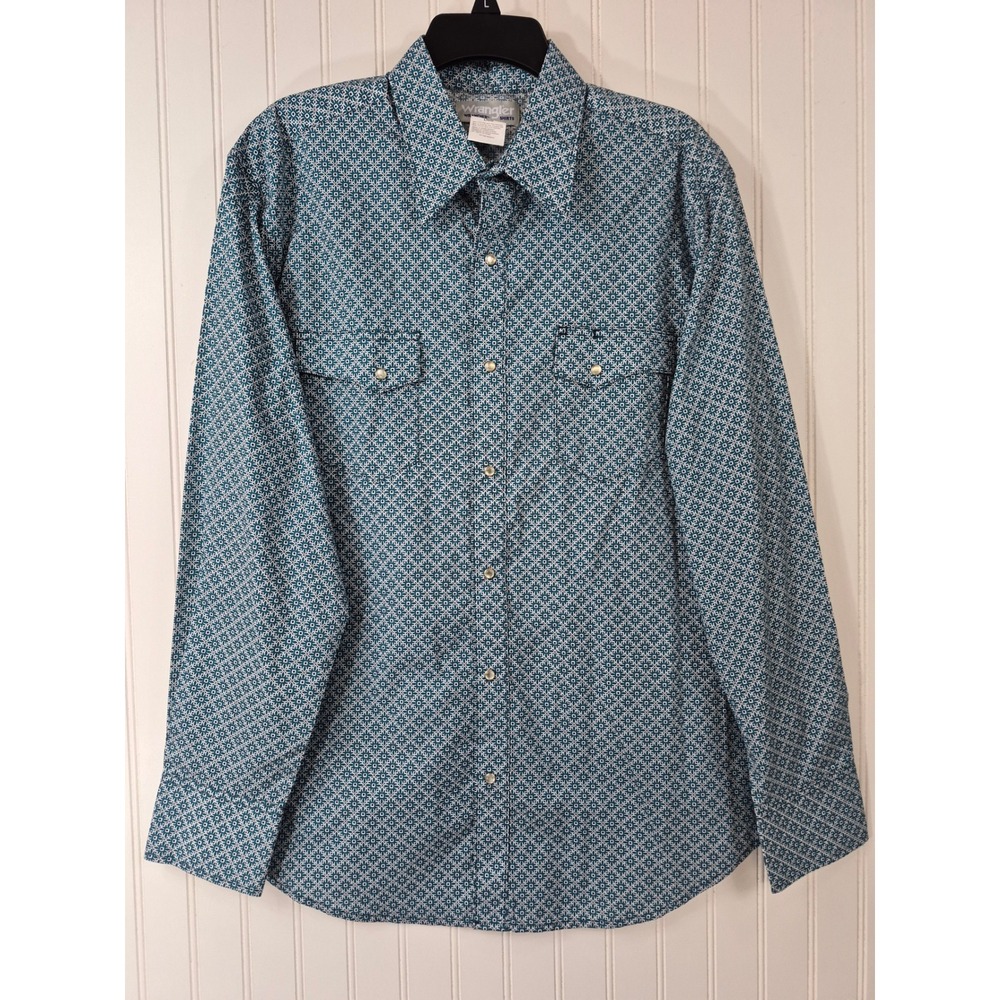NWOT Wrangler Western Pearl Snap Shirt Teal Geometric Diamond Pattern Large